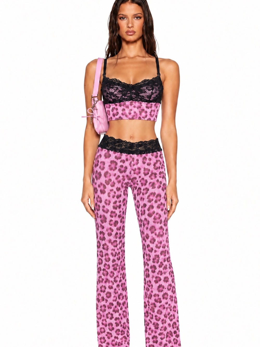 Sexy Pink Black Leopard Sheer Lace top and Pants Loungewear Set